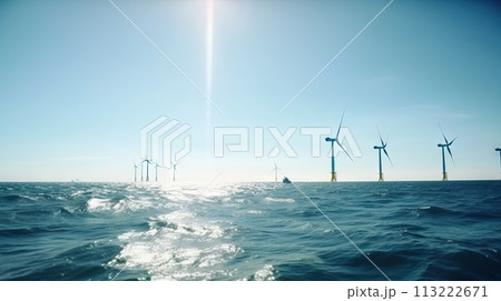 Offshore Windmill farm in the ocean, windmills isolated at sea on a sunny day. Generative AI 113222671