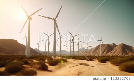Wind turbines in the desert. Renewable energy concept with sand dunes. Generative AI Wind turbines in the desert. Renewable energy concept with sand dunes. Generative AI 113222702