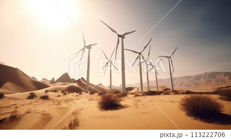 Wind turbines in the desert. Renewable energy concept with sand dunes. Generative AI 113222706