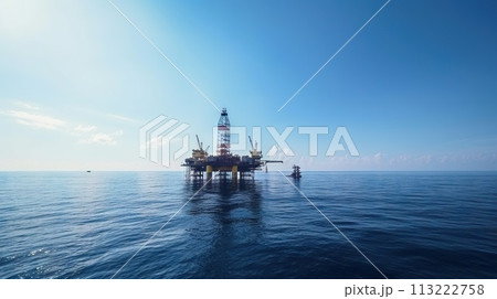Oil rig in the sea on a sunny day with blue sky. Offshore oil drilling. Generative AI 113222758