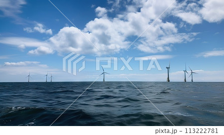 Offshore Windmill farm in the ocean, windmills isolated at sea on a sunny day. Generative AI 113222781