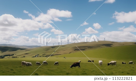 Power generating windmills on green hills. Renewable energy concept. Generative AI 113222821