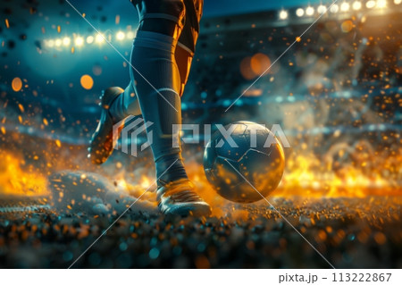 Soccer player in a fiery field at the football stadium. Generative AI 113222867