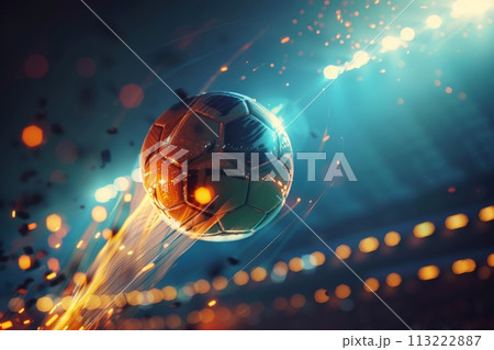 Fiery soccer ball go fast at the football stadium. Generative AI 113222887