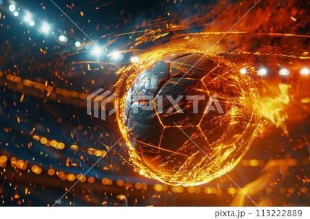 Fiery soccer ball go fast at the football stadium. Generative AI Fiery soccer ball go fast at the football stadium. Generative AI 113222889