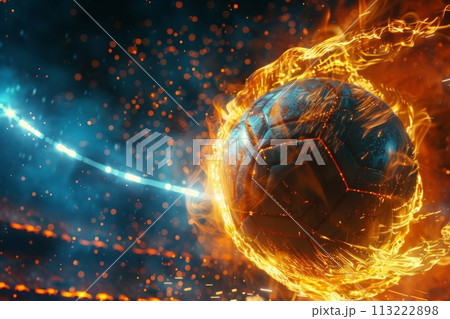 Fiery soccer ball go fast at the football stadium. Generative AI 113222898