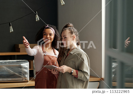 Showing interior of cafe to colleague Showing interior of cafe to colleague 113222965