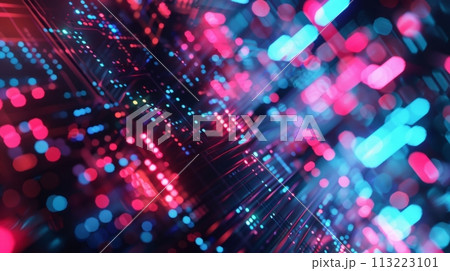 Vibrant tech-themed backdrop with glowing neon circuitry and bokeh effects 113223101