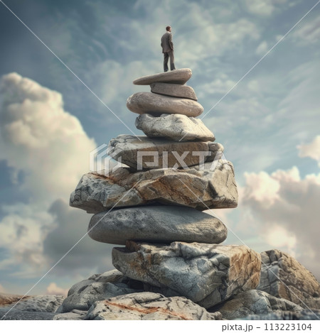 Conceptual image of a businessman at the peak of a stone stack against a cloudy sky 113223104