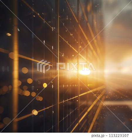 Close-up of solar panels with sunrays and lens flares, symbolizing renewable energy 113223107
