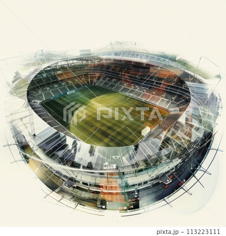 Creative double exposure blending a football stadium with dynamic line overlays 113223111