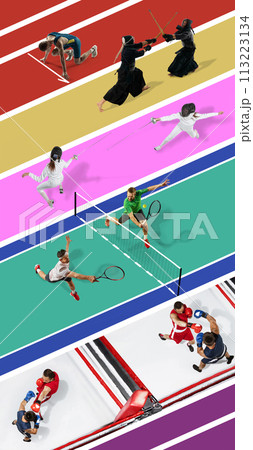 Creative colorful collage. Aerial view of different people, athletes of various sports training, playing on multicolored arena 113223134