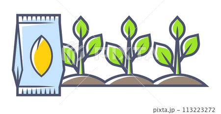 Package of seeds for sowing. Agricultural, cultivation and planting illustration. 113223272