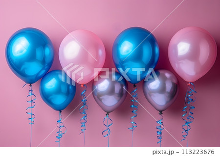 Row of Balloons With Streamers on Pink Background Generative AI 113223676