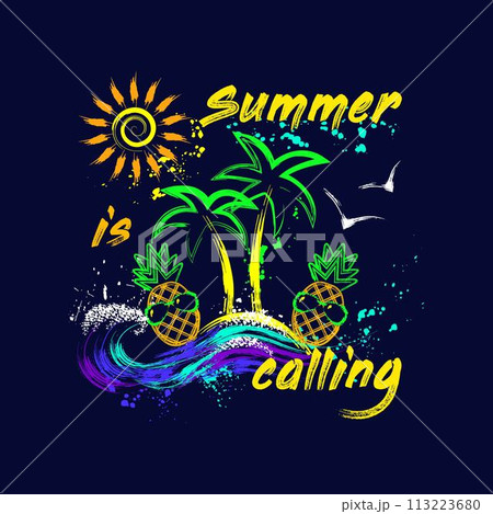 Summer holiday label, emblem with tropical island, sun icon, ocean waves, text. Paint brush strokes, splattered paint. Bright glowing neon fluorescent colors. Outline, contour illustrations Summer holiday label, emblem with tropical island, sun icon, ocean waves, text. Paint brush strokes, splattered paint. Bright glowing neon fluorescent colors. Outline, contour illustrations 113223680