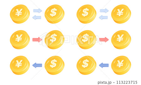 立体的なかわいいコインのイラスト_円とドルの交換 113223715