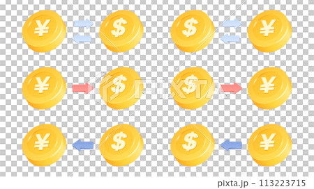Cute three-dimensional coin illustration_exchange of yen and dollar Cute three-dimensional coin illustration_exchange of yen and dollar 113223715