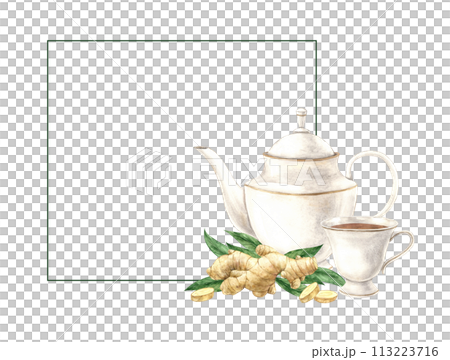 Watercolor square frame with vintage teapot and mug, green leaves and ginger. The illustration is hand drawn on an isolated background. Drawing for menu design, packaging, poster, website, textile. Watercolor square frame with vintage teapot and mug, green leaves and ginger. The illustration is hand drawn on an isolated background. Drawing for menu design, packaging, poster, website, textile. 113223716