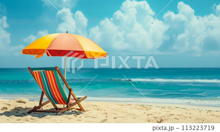 beach chair and umbrella on the beach in sunny day 113223719