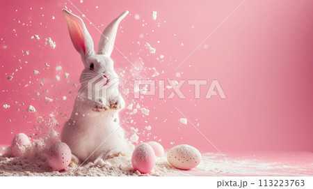 Easter Baking. bunny with flour and eggs on pink background with copy space 113223763