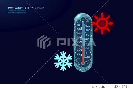 Cryotherapy thermometer cold temperature. Medical skin dermatology treatment. Ice Age global 3D low poly body cure vector illustration Cryotherapy thermometer cold temperature. Medical skin dermatology treatment. Ice Age global 3D low poly body cure vector illustration 113223790