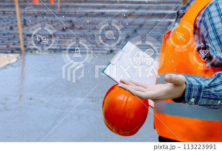 Builder displays concrete mixer icon. Builder displays concrete mixer icon. 113223991