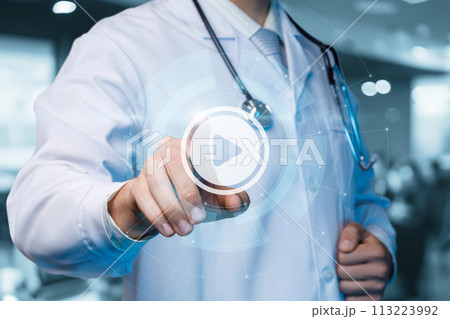 Concept of turning on video with the play button for medical staff. Concept of turning on video with the play button for medical staff. 113223992