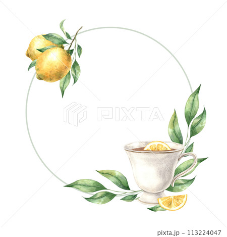 Watercolor round frame with ceramic mug, green lemon leaves and yellow lemon. Illustration is hand drawn, suitable for menu design, packaging, poster, website, textile, invitation, brochure 113224047