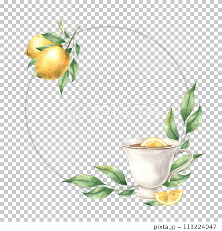 Watercolor round frame with ceramic mug, green lemon leaves and yellow lemon. Illustration is hand drawn, suitable for menu design, packaging, poster, website, textile, invitation, brochure 113224047