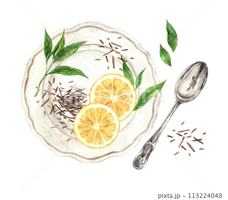 Watercolor composition, top view with plate, spoon, loose tea, spoon and lemon. Illustration is hand drawn, suitable for menu design, packaging, poster, website, textile, invitation, brochure, fabric. 113224048