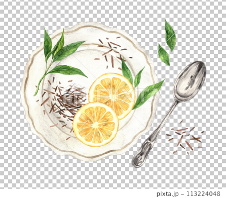 Watercolor composition, top view with plate, spoon, loose tea, spoon and lemon. Illustration is hand drawn, suitable for menu design, packaging, poster, website, textile, invitation, brochure, fabric. 113224048