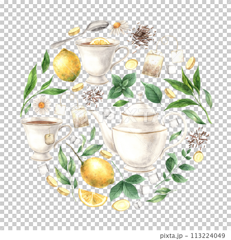 Watercolor round composition of mug, teapot, lemon, mint, chamomile, ginger, sugar, tea. The illustration is drawn by hand. Drawing for menu design, packaging, poster, website, textile, invitations. Watercolor round composition of mug, teapot, lemon, mint, chamomile, ginger, sugar, tea. The illustration is drawn by hand. Drawing for menu design, packaging, poster, website, textile, invitations. 113224049