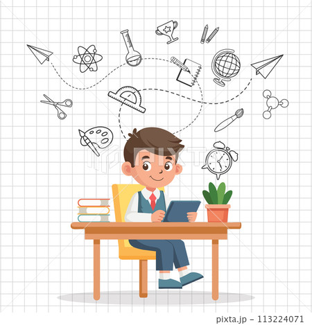 Education concept banner. Cute schoolboy sitting at his desk and studying on a checkered background with science icons. Illustration. Vector 113224071