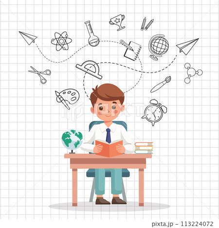 Education concept banner. Cute schoolboy sitting at his desk and studying on a checkered background with science icons. Illustration. Vector 113224072