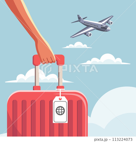 A woman holds a suitcase in her hand close-up and an airplane in the sky. Vacation and travel concept. Illustration. Vector 113224073
