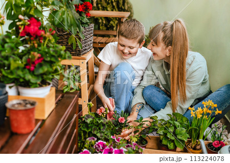 Mother and Son Planting Flowers at City Balcony 113224078