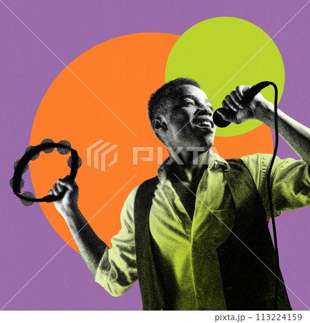 Monochrome image of young African man singing and playing tambourine. Colorful abstract design elements. Contemporary art collage. 113224159