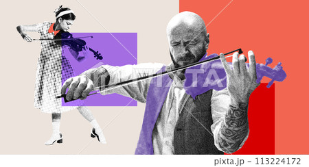 Young girl and man, musicians playing violin. Monochrome and color. Classical music compositions. Contemporary art collage. 113224172