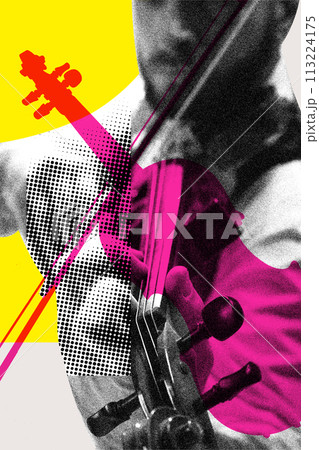 Monochrome close-up photo of man playing violin. Abstract colorful design elements. Contemporary art collage. 113224175