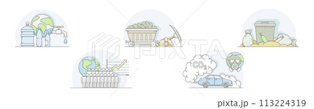 Environmental Issues and World Resources Destruction Line Vector Set 113224319
