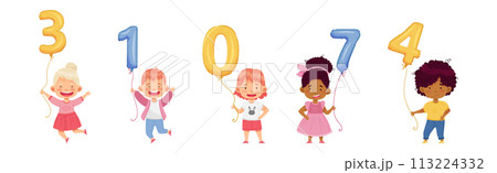Little Children Holding Number Balloon on String Vector Set 113224332
