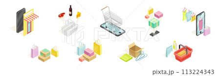 Retail Shopping and Purchase Object Isometric Vector Set 113224343