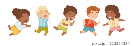 Happy Kid Running Rush Forward and Hurry Vector Set Happy Kid Running Rush Forward and Hurry Vector Set 113224384