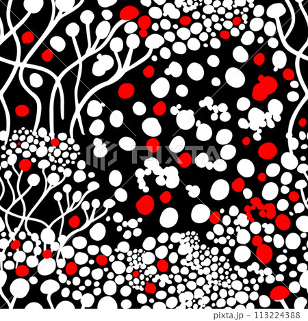Seamless pattern, red white black flowers. Continuous background, cute vector flower. Stylish repeating design. hand drawing. Not AI, Vector illustration 113224388