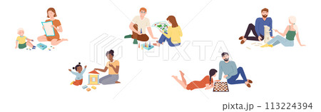 People Character Playing Board Games Spend Time Together Vector Set 113224394