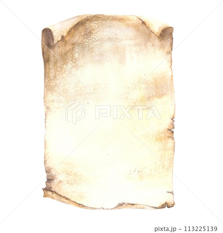 Watercolor painted illustration, vintage, old paper sheet, scroll paper. Perfect template for your menu, retro design, postcards, cards, invitations print. Isolated clipart on white background 113225139