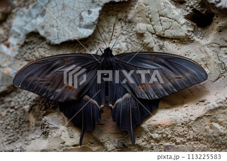 Beautiful Bat Wing Moth butterfly rests among the foliage of a garden Beautiful Bat Wing Moth butterfly rests among the foliage of a garden 113225583