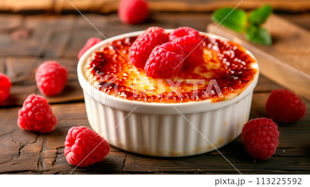 Creme brulee served in a classic ramekin, combination of creamy custard and caramelized sugar 113225592