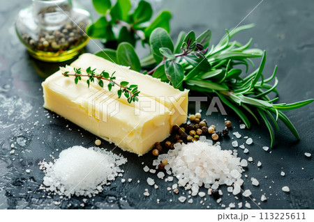 Closeup of garlic creamy butter with salt and greens for sandwiches and steak in a small bowl on a stone background 113225611