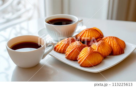 Classic French madeleine cookies, buttery and delicate, mini sponge cake baked in scallop mold Classic French madeleine cookies, buttery and delicate, mini sponge cake baked in scallop mold 113225613